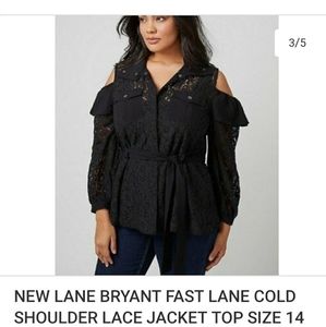 Lane Bryant black lace cold shoulder belted jacket